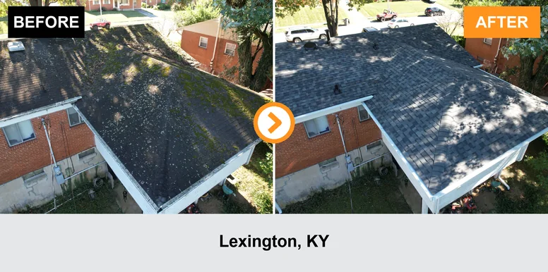 Lexington roof replacement before and after aerial view